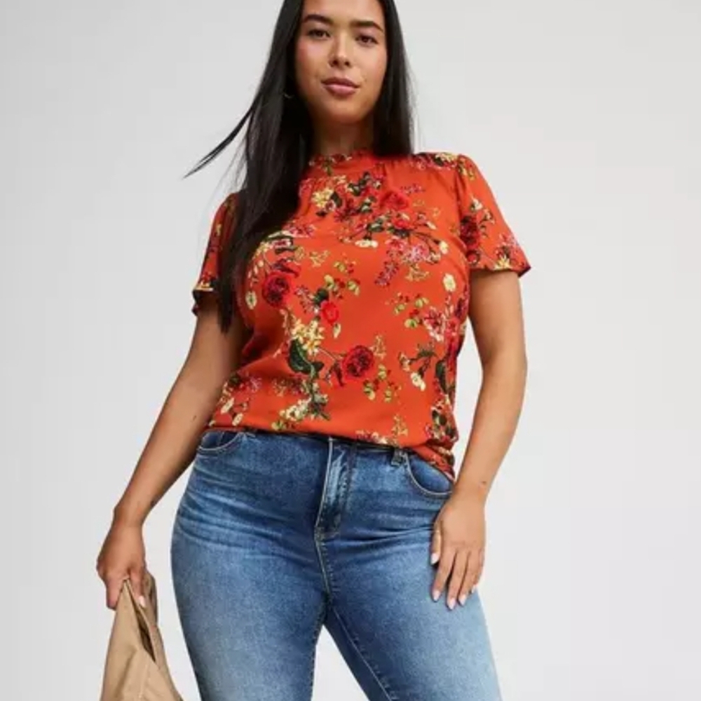 Torrid Orange Green Short Sleeve Mandarin Collar Blouse